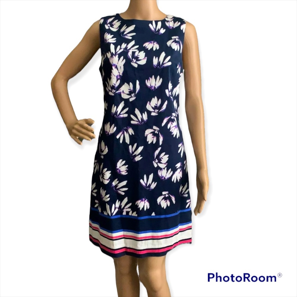 Saint Tropez West Sleeveless Shift Dress Sz 6 Navy/Multi Floral Stripe Hem